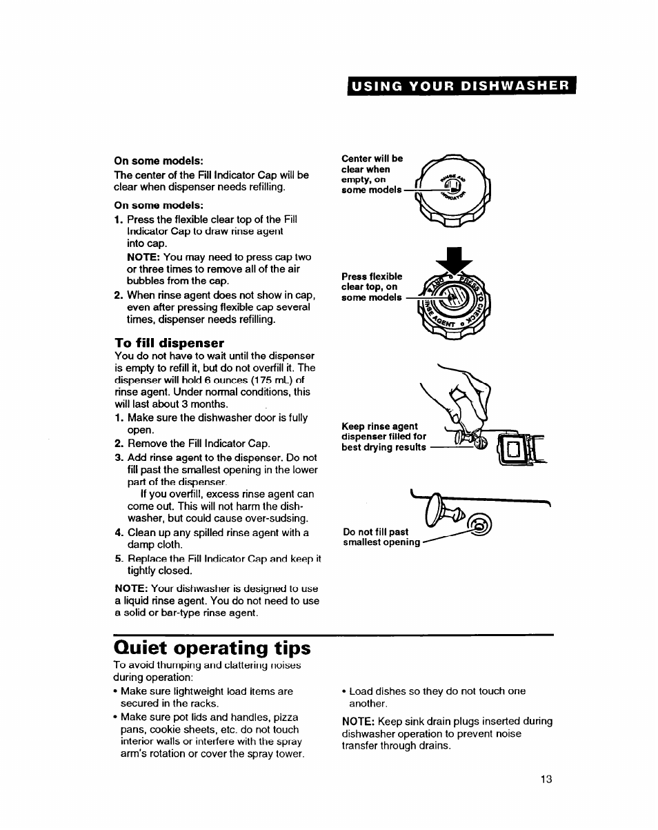 On some models, To fill dispenser, Quiet operating tips | Whirlpool DISHWASHERS User Manual | Page 13 / 29