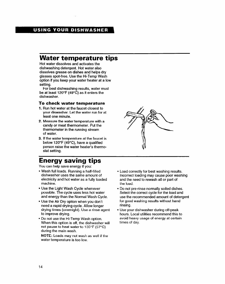 To check water temperature, Water temperature tips, Energy saving tips | Whirlpool DISHWASHERS User Manual | Page 14 / 29