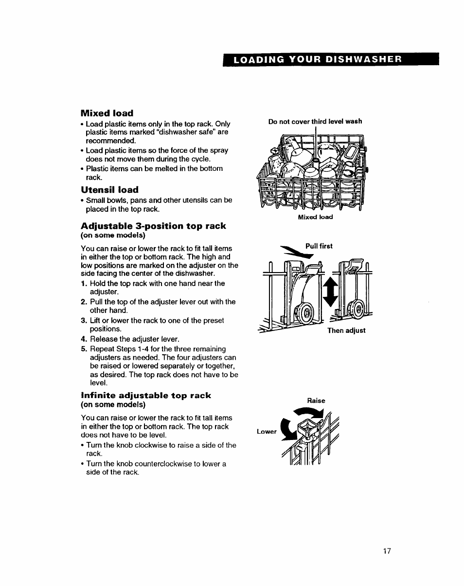 Mixed load, Utensil load, Adjustable 3-position top rack | Infinite adjustable top rack | Whirlpool DISHWASHERS User Manual | Page 17 / 29