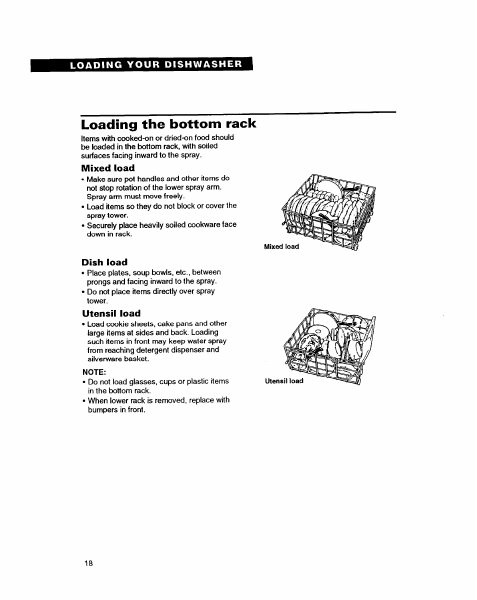 Mixed load, Dish load, Utensil load | Loading the bottom rack | Whirlpool DISHWASHERS User Manual | Page 18 / 29