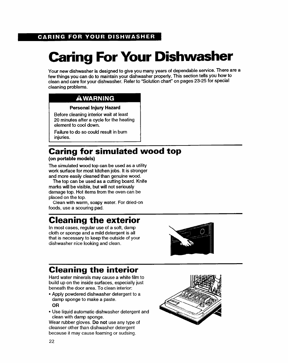 Caring for your dishwasher, Starting your dishwasher, Caring for simulated wood top | Cleaning the exterior, Cleaning the interior, Warning | Whirlpool DISHWASHERS User Manual | Page 22 / 29