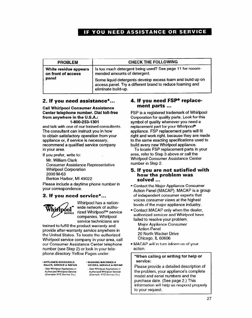If you need assistance, If you need service, If you need fsp® replacement parts | Vhtfwor, If you need fsp® replace­ ment parts | Whirlpool DISHWASHERS User Manual | Page 27 / 29
