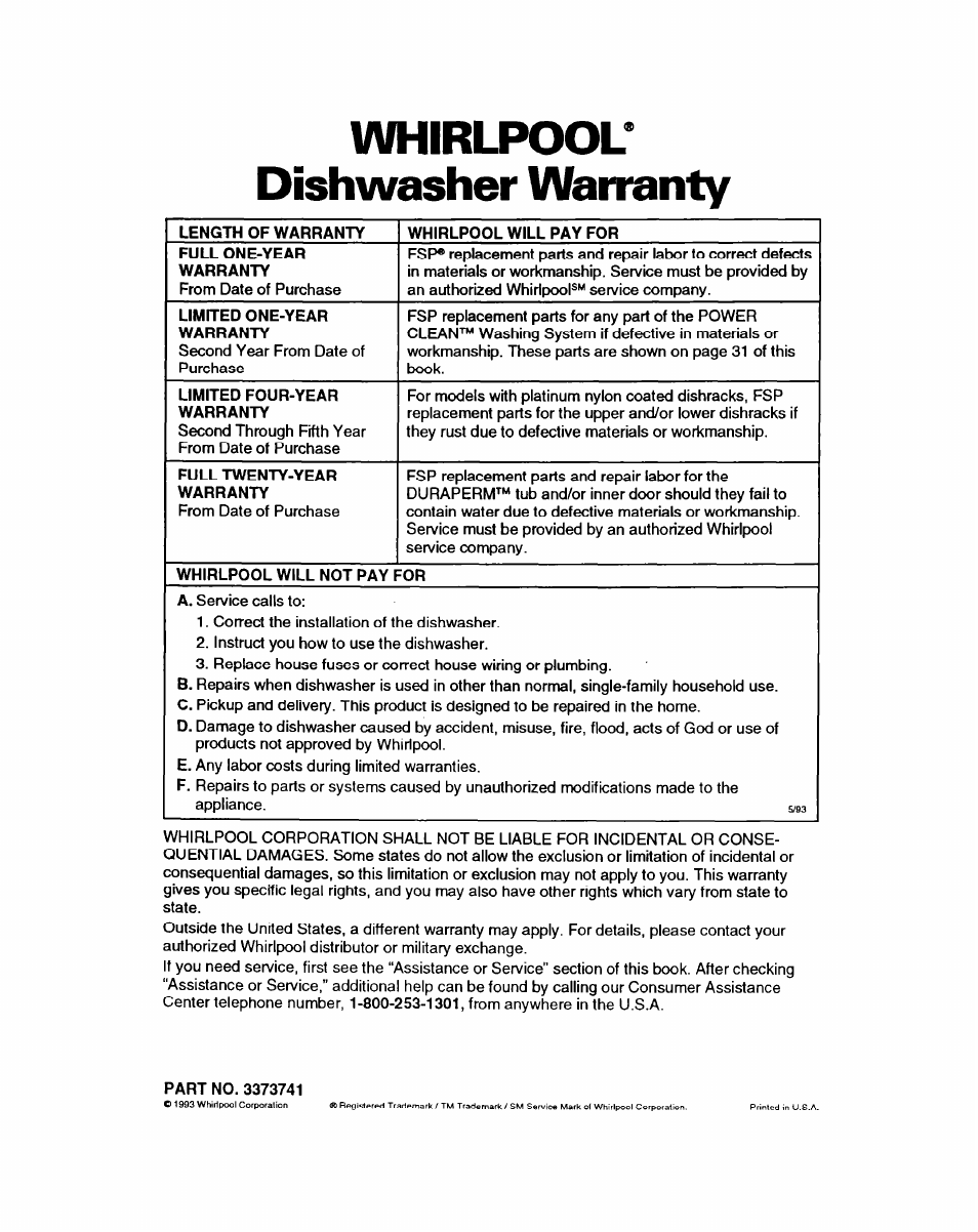 Whirlpool* dishwasher warranty, Part no. 3373741 | Whirlpool DISHWASHERS User Manual | Page 29 / 29