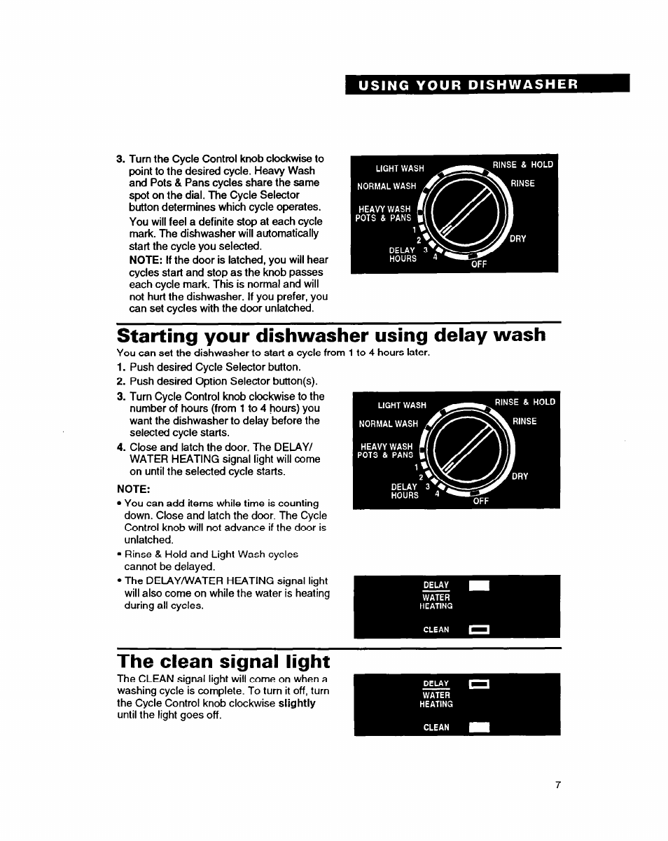 Starting your dishwasher using delay wash, The clean signal light | Whirlpool DISHWASHERS User Manual | Page 7 / 29