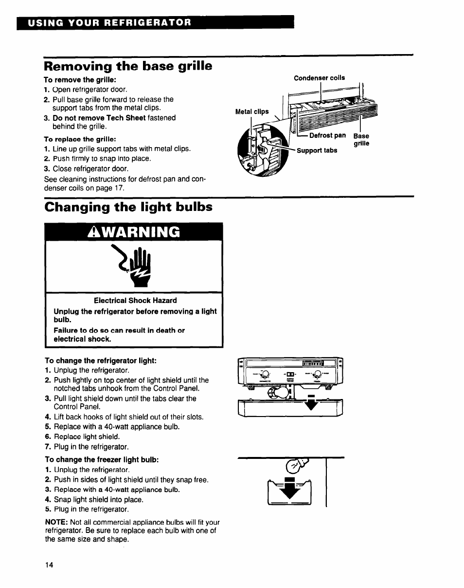 Removing the base grille, Changing the light bulbs, Awarning | Whirlpool EB21DKXDB01 User Manual | Page 14 / 22