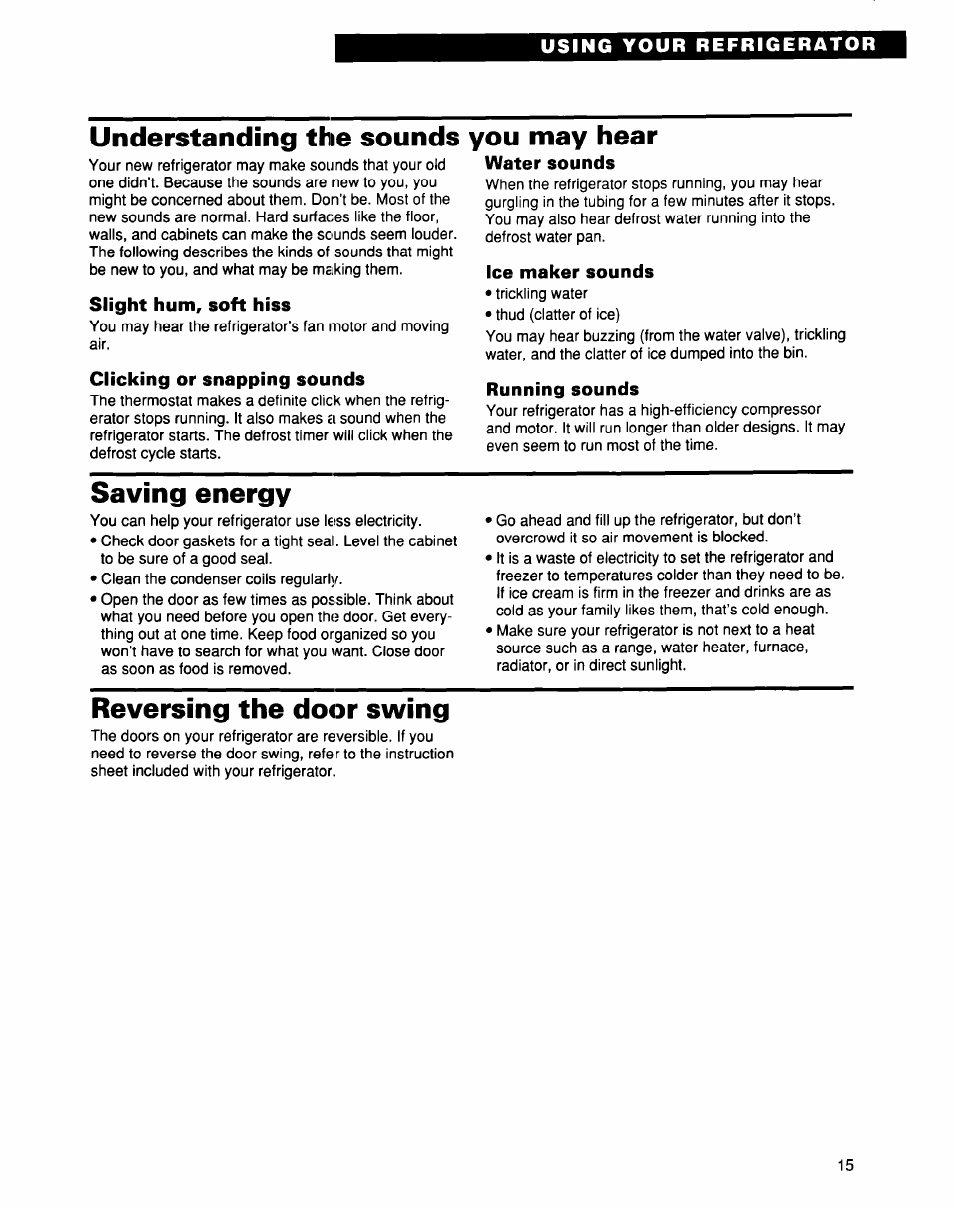 Understanding the sounds you may hear, Slight hum, soft hiss, Clicking or snapping sounds | Water sounds, Ice maker sounds, Running sounds, Saving energy, Reversing the door swing | Whirlpool EB21DKXDB01 User Manual | Page 15 / 22