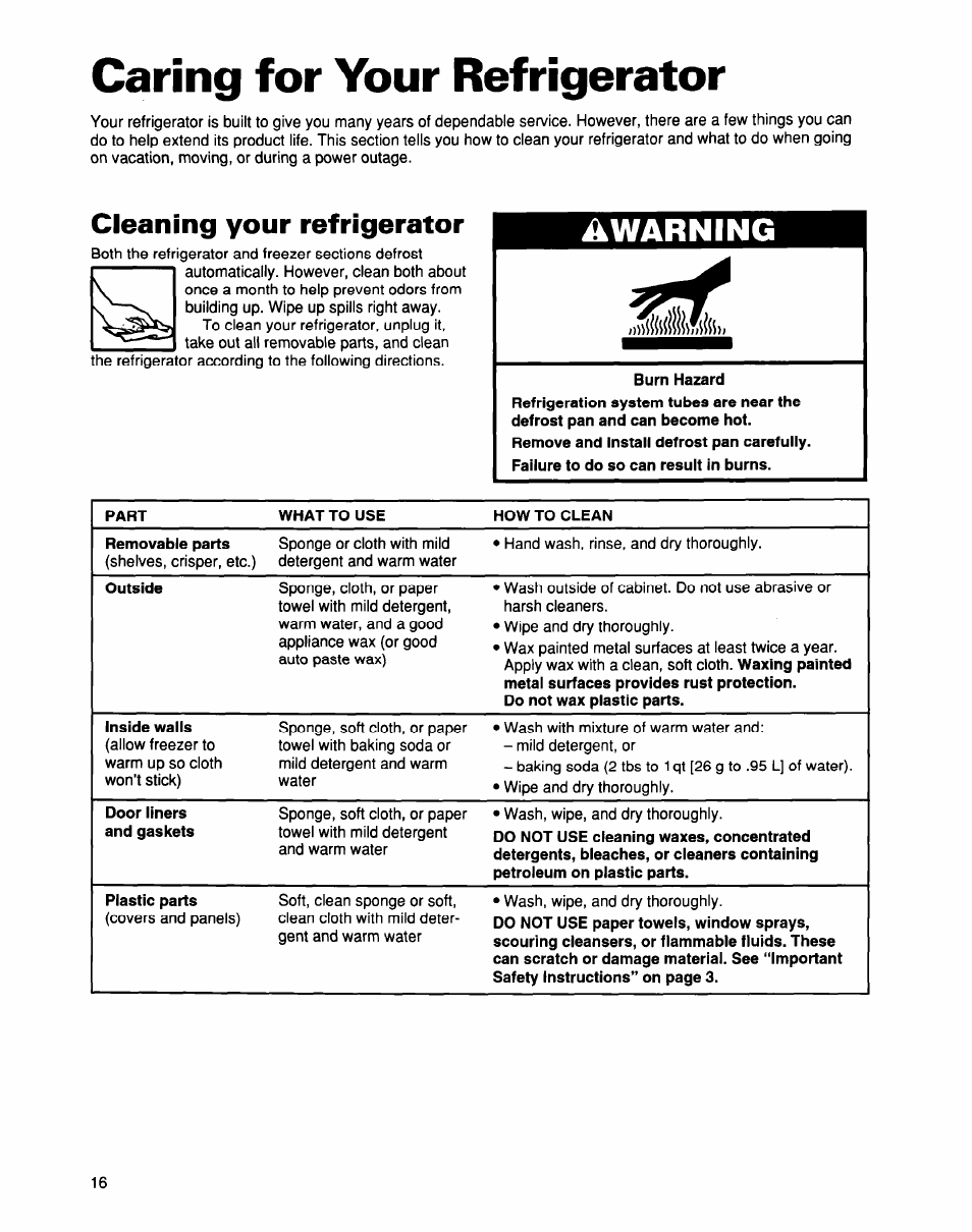 Cleaning your refrigerator, Caring for your refrigerator, Awarning | Whirlpool EB21DKXDB01 User Manual | Page 16 / 22