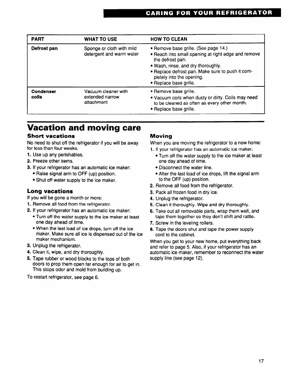 Vacation and moving care, Short vacations, Long vacations | Moving | Whirlpool EB21DKXDB01 User Manual | Page 17 / 22