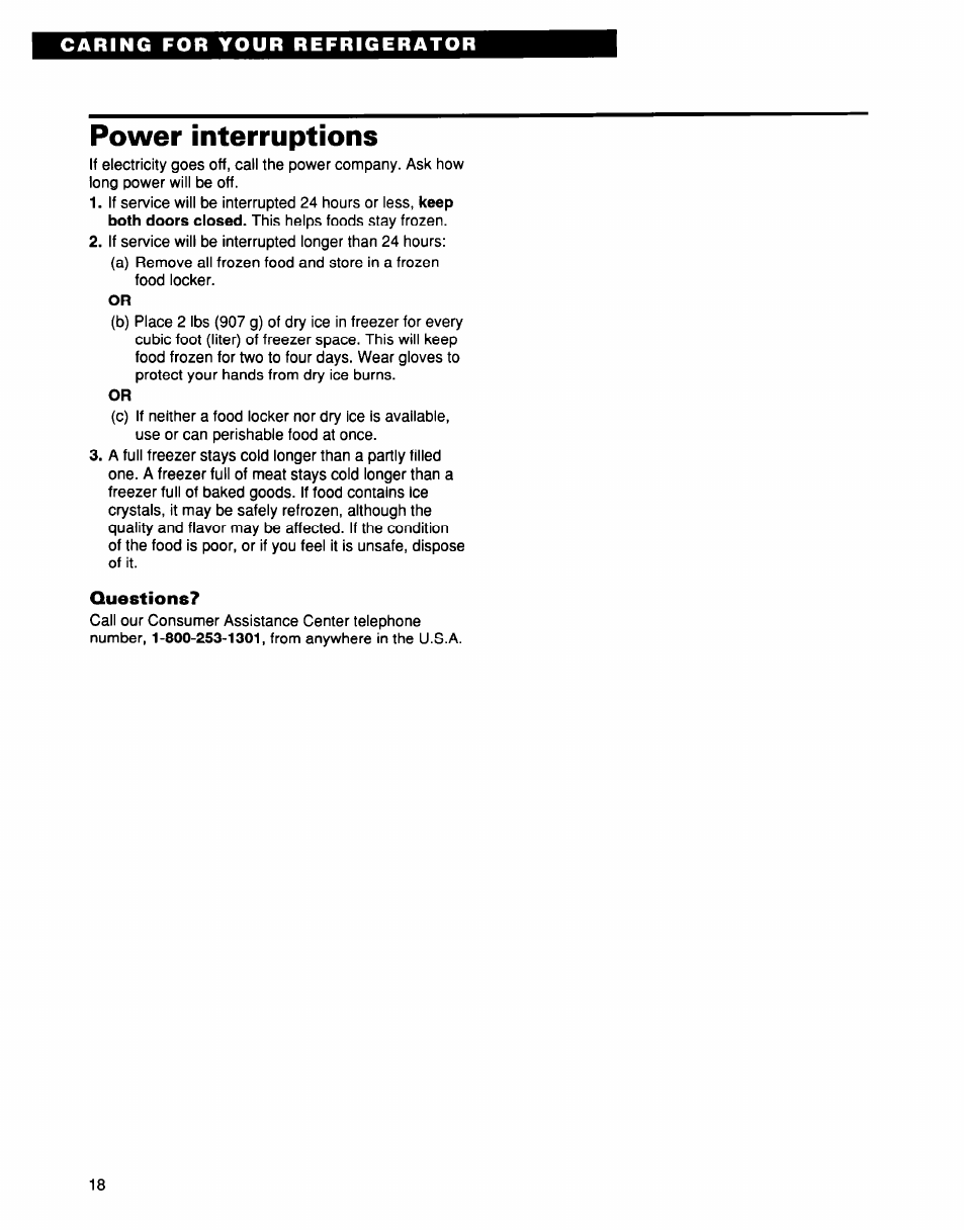 Power interruptions, Questions | Whirlpool EB21DKXDB01 User Manual | Page 18 / 22