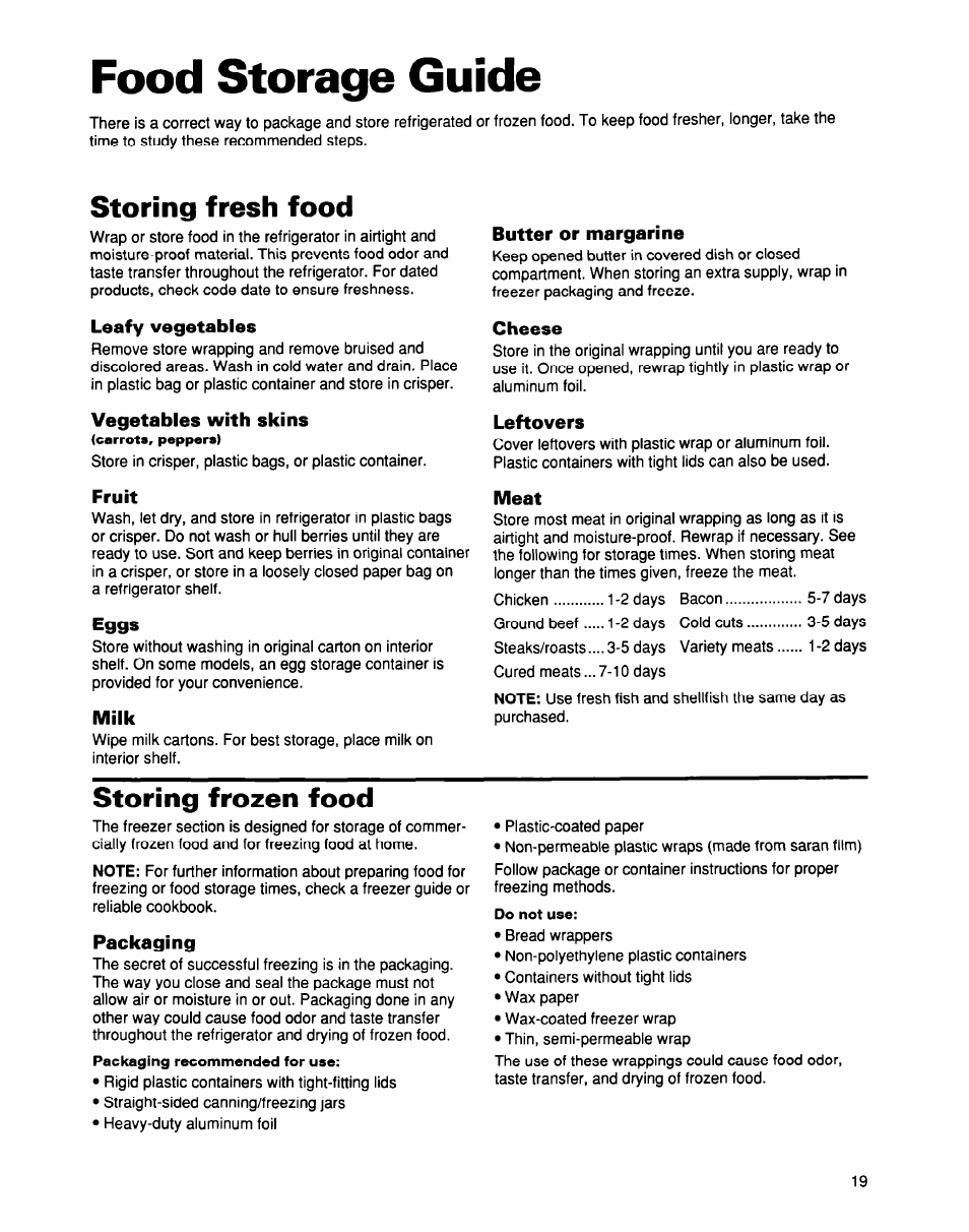 Storing fresh food, Leafy vegetables, Vegetables with skins | Fruit, Eggs, Milk, Butter or margarine, Cheese, Leftovers, Meat | Whirlpool EB21DKXDB01 User Manual | Page 19 / 22
