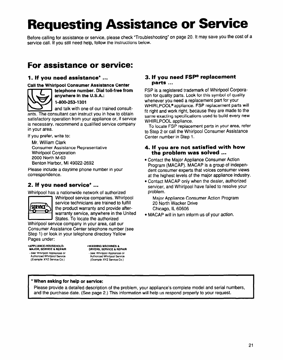 For assistance or service, If you need assistance, If you need service | If you need fsp® replacement parts, Requesting assistance or service | Whirlpool EB21DKXDB01 User Manual | Page 21 / 22