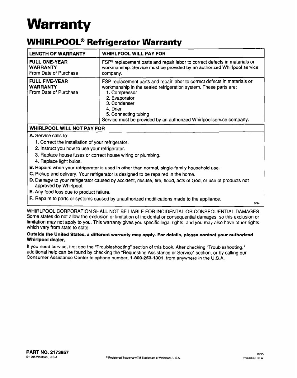 Whirlpool® refrigerator warranty, Warranty | Whirlpool EB21DKXDB01 User Manual | Page 22 / 22