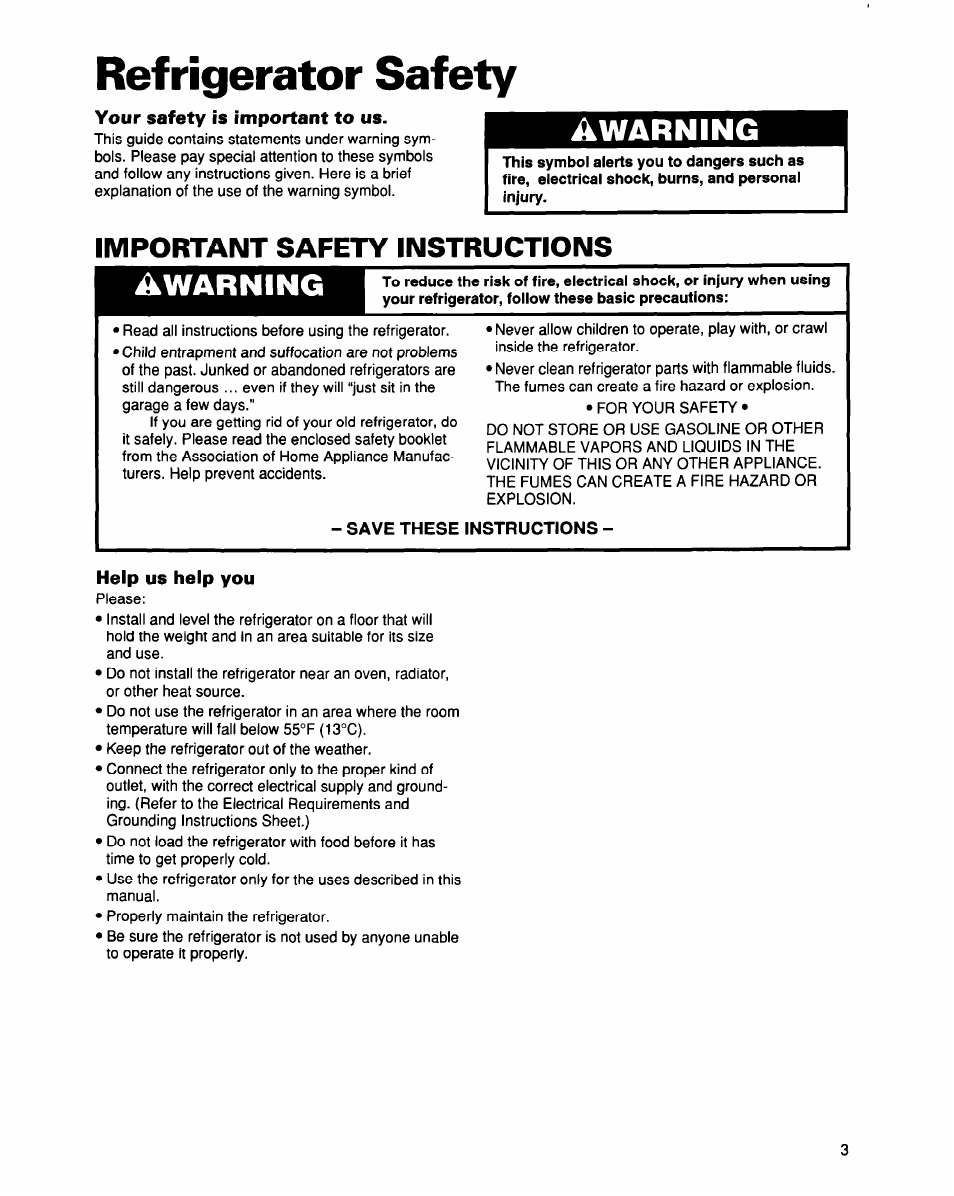 Your safety is important to us, Important safety instructions, Save these instructions | Help us help you, Refrigerator safety, Àwarning, Warning | Whirlpool EB21DKXDB01 User Manual | Page 3 / 22