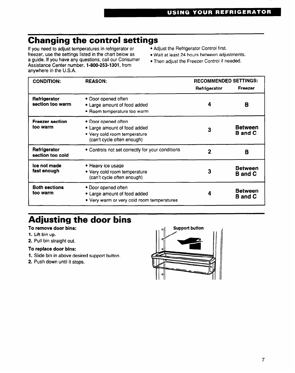Changing the control settings, Adjusting the door bins | Whirlpool EB21DKXDB01 User Manual | Page 7 / 22
