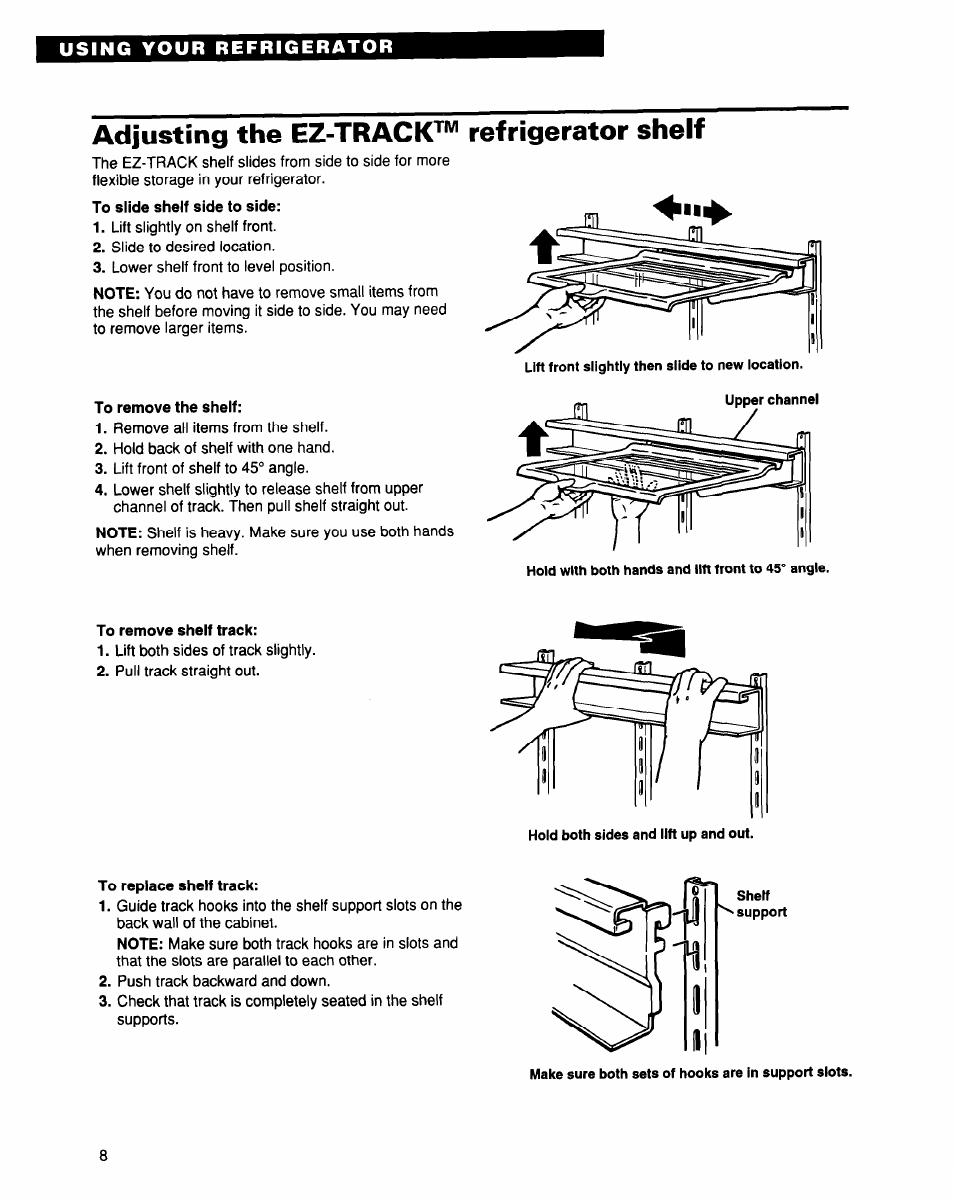 Adjusting the ez-track^*^ refrigerator shelf, Adjusting the ez-tracpc” refrigerator shelf | Whirlpool EB21DKXDB01 User Manual | Page 8 / 22