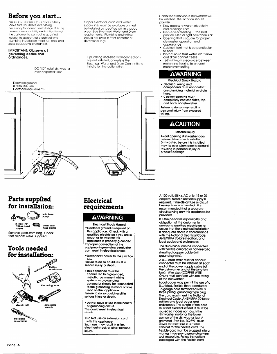 Before you start, Parts supplied for installation, Warning | Acaution, Awarning | Whirlpool 3369088 User Manual | Page 2 / 5