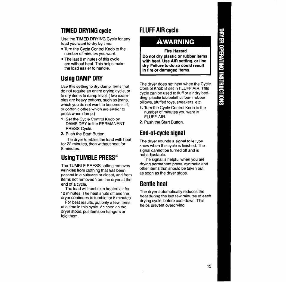 Timed drying cycle, Using damp dry, Using tumble press | Fluff air cycie, End-of-cycle signal, Gentle heat, Warning | Whirlpool LT7OOOXT User Manual | Page 15 / 20