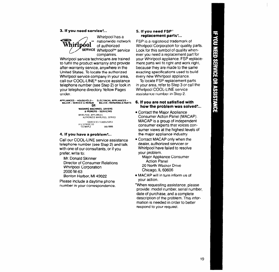If you need service, If you have a problem, If you need fsp® replacement parts | Whltlpool | Whirlpool LT7OOOXT User Manual | Page 19 / 20