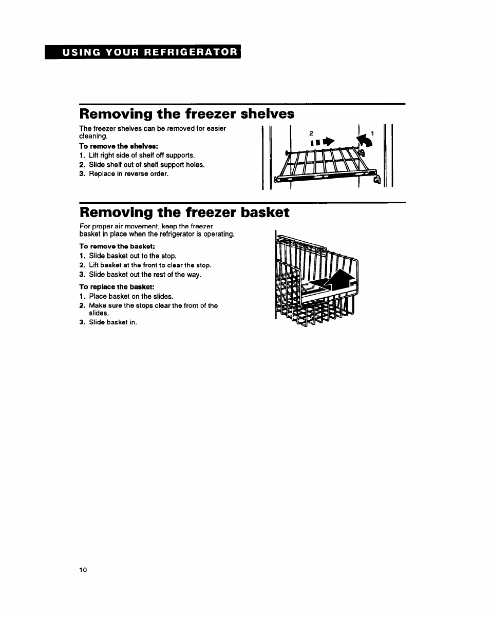 Removing the freezer shelves, Removing the freezer basket | Whirlpool RS25AW User Manual | Page 10 / 24