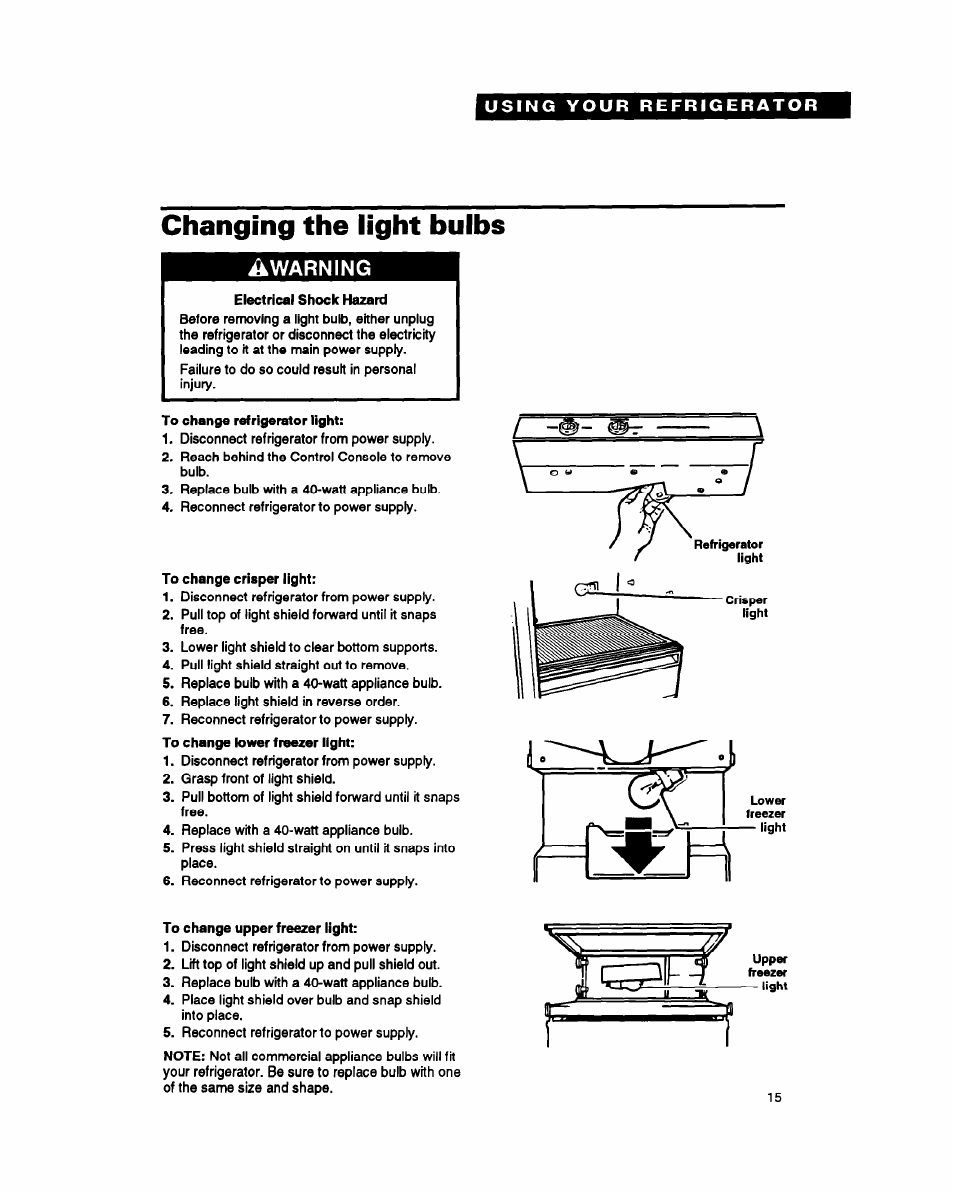 Changing the light bulbs, Warning | Whirlpool RS25AW User Manual | Page 15 / 24