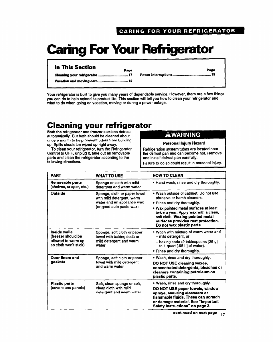 Caring for your refrigerator, Cleaning your refrigerator, Warning | Whirlpool RS25AW User Manual | Page 17 / 24