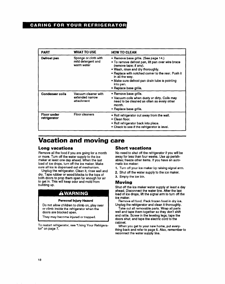 Vacation and moving care, Long vacations, Warning | Short vacations, Moving | Whirlpool RS25AW User Manual | Page 18 / 24