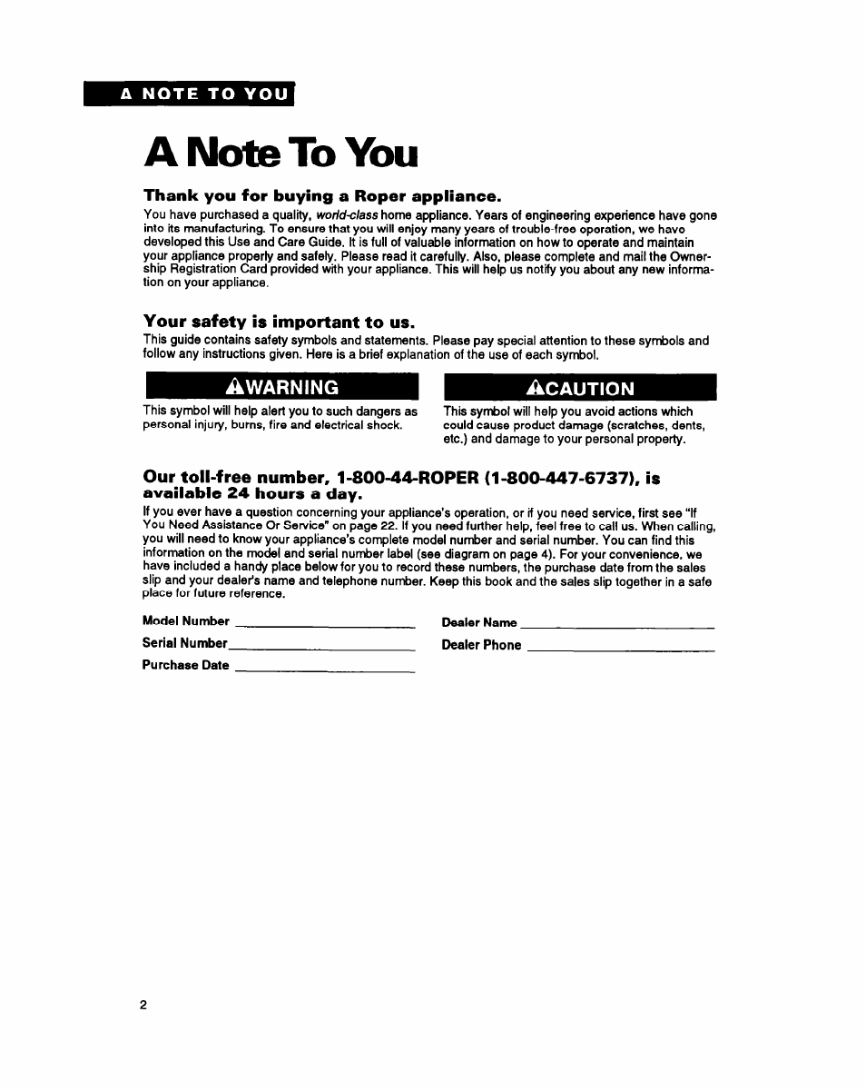 A note to you, Thank you for buying a roper appliance, Your safety is important to us | Whirlpool RS25AW User Manual | Page 2 / 24