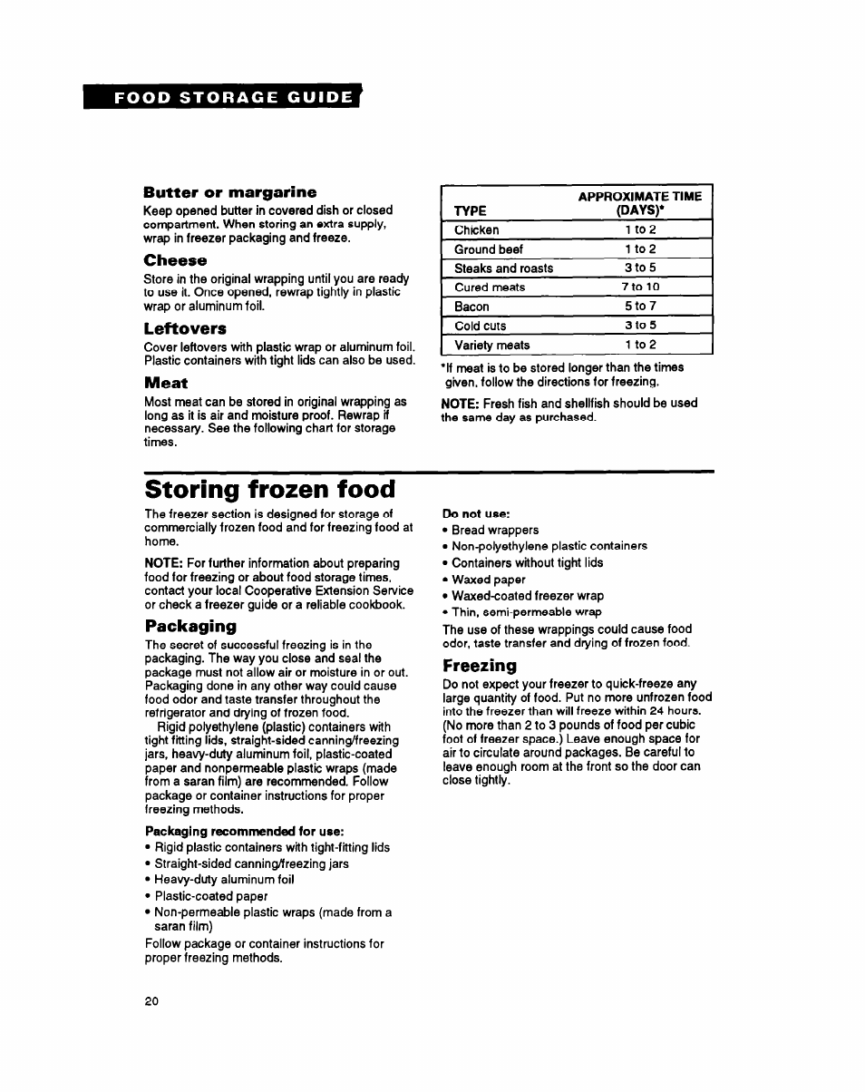 Food storage guide, Butter or margarine, Cheese | Leftovers, Meat, Storing frozen food, Packaging, Freezing | Whirlpool RS25AW User Manual | Page 20 / 24