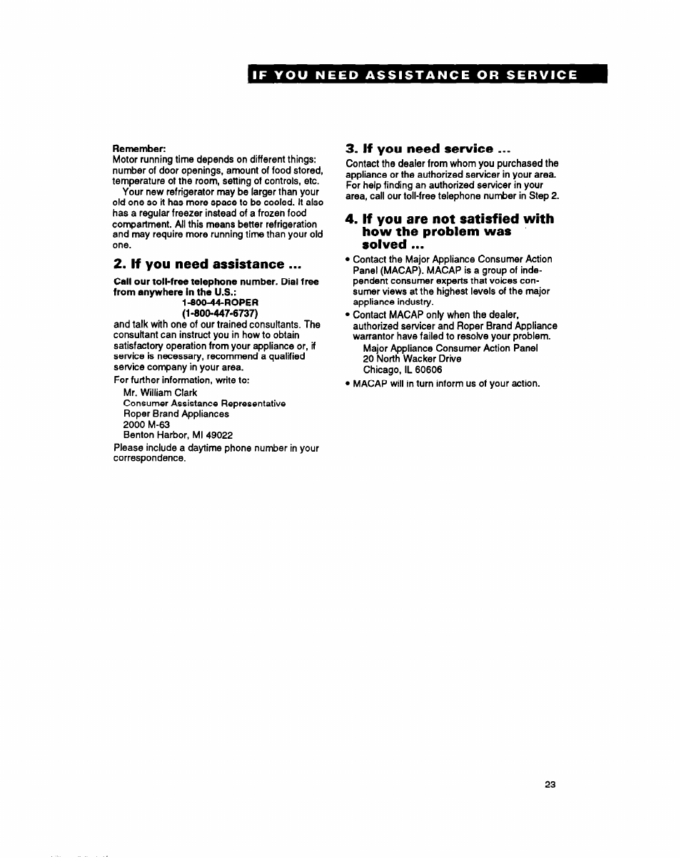 If you need assistance, If you need service | Whirlpool RS25AW User Manual | Page 23 / 24