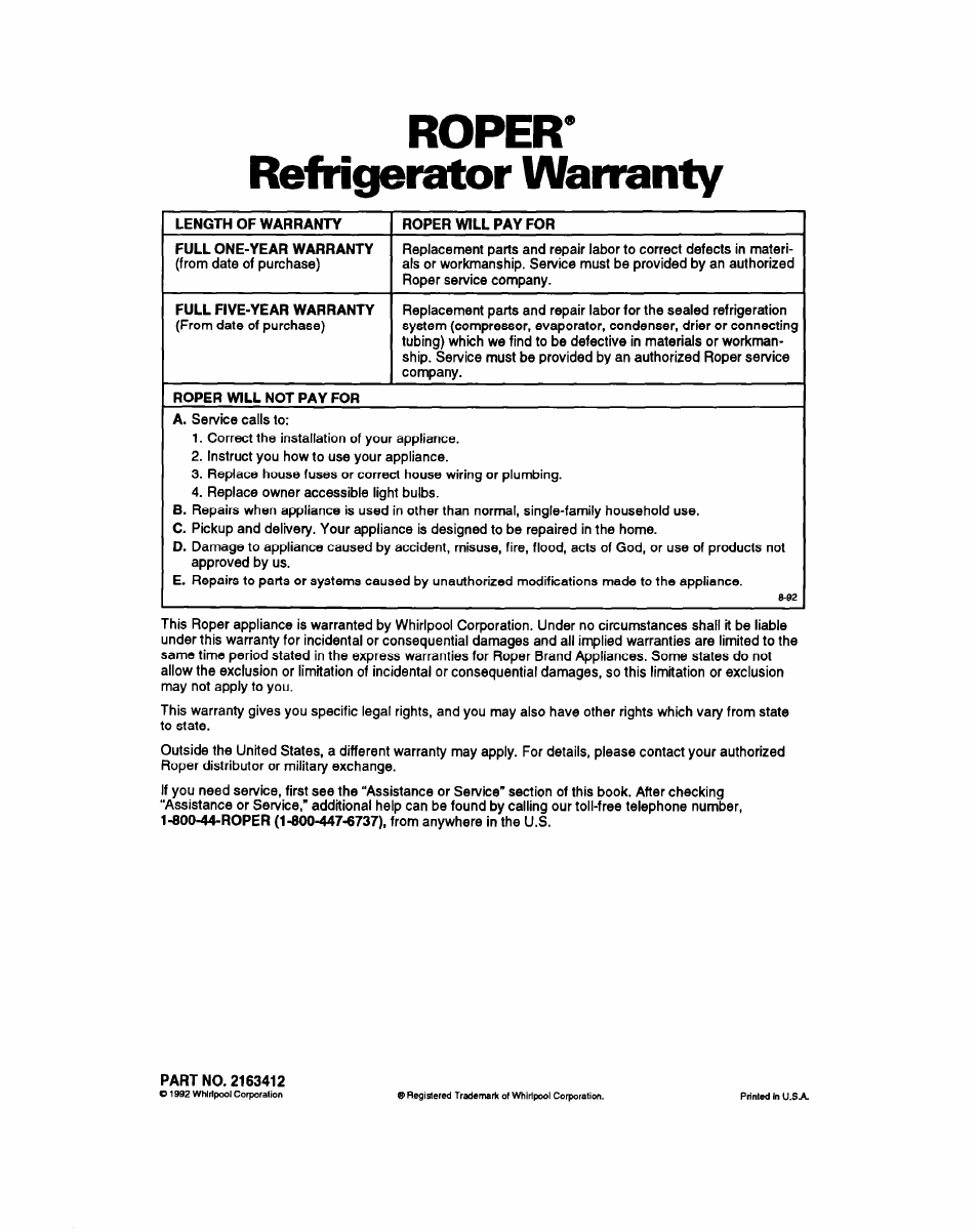 Roper, Refrigerator warranty, Roper' refrigerator warranty | Whirlpool RS25AW User Manual | Page 24 / 24