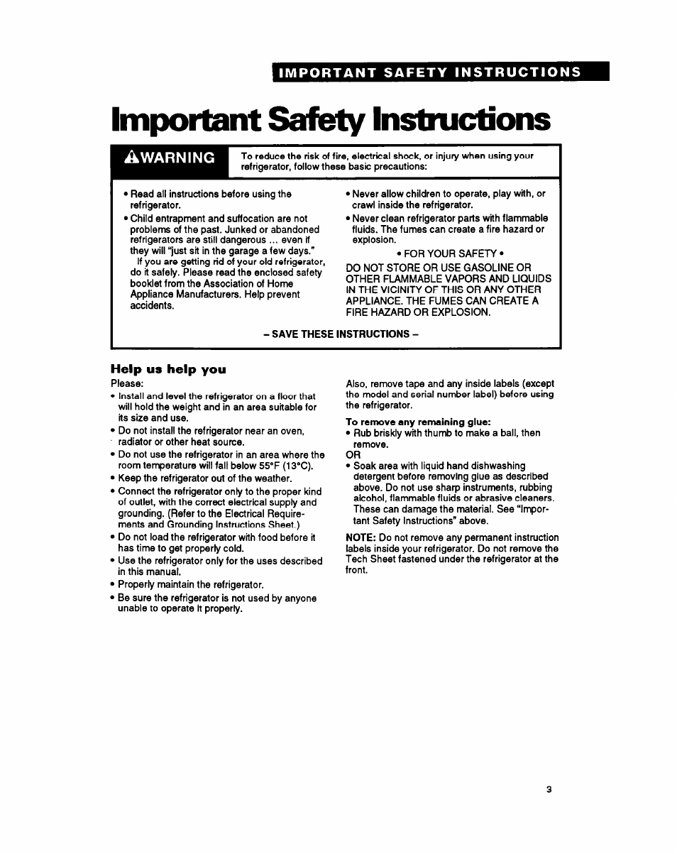 Impoitant saffety instructions, Help us help you, Warning | Whirlpool RS25AW User Manual | Page 3 / 24