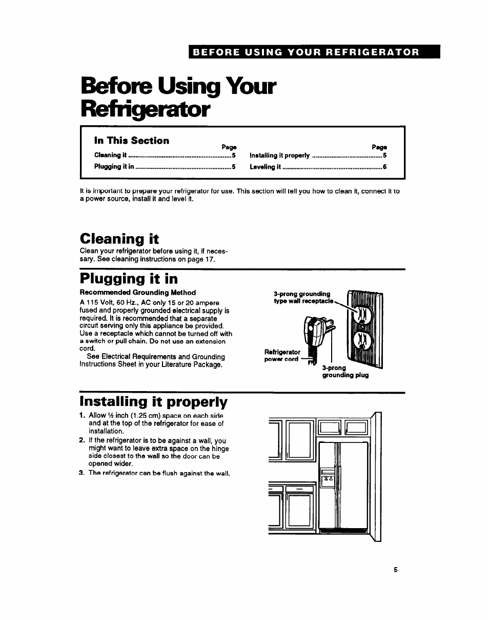 Before using your refrigerator, Cleaning it, Plugging it in | Installing it properly | Whirlpool RS25AW User Manual | Page 5 / 24