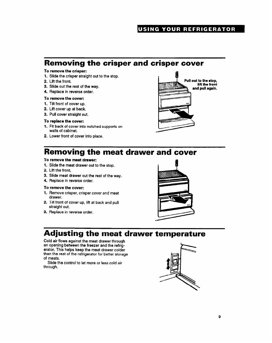 Removing the crisper and crisper cover, Removing the meat drawer and cover, Adjusting the meat drawer temperature | Whirlpool RS25AW User Manual | Page 9 / 24