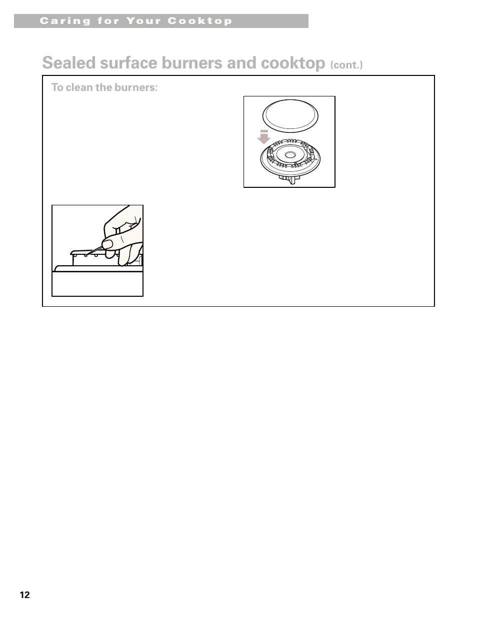 Sealed surface burners and cooktop, Cont.) to clean the burners | Whirlpool GL8856EB User Manual | Page 12 / 15