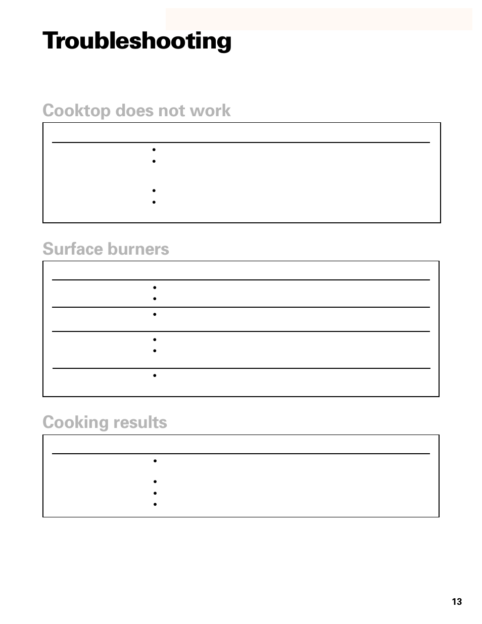 Troubleshooting, Cooktop does not work, Surface burners | Cooking results | Whirlpool GL8856EB User Manual | Page 13 / 15