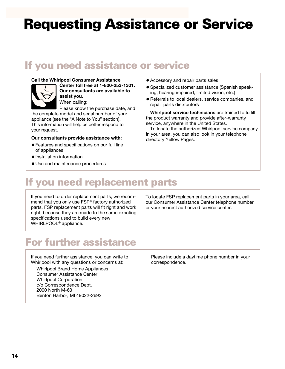 Requesting assistance or service | Whirlpool GL8856EB User Manual | Page 14 / 15