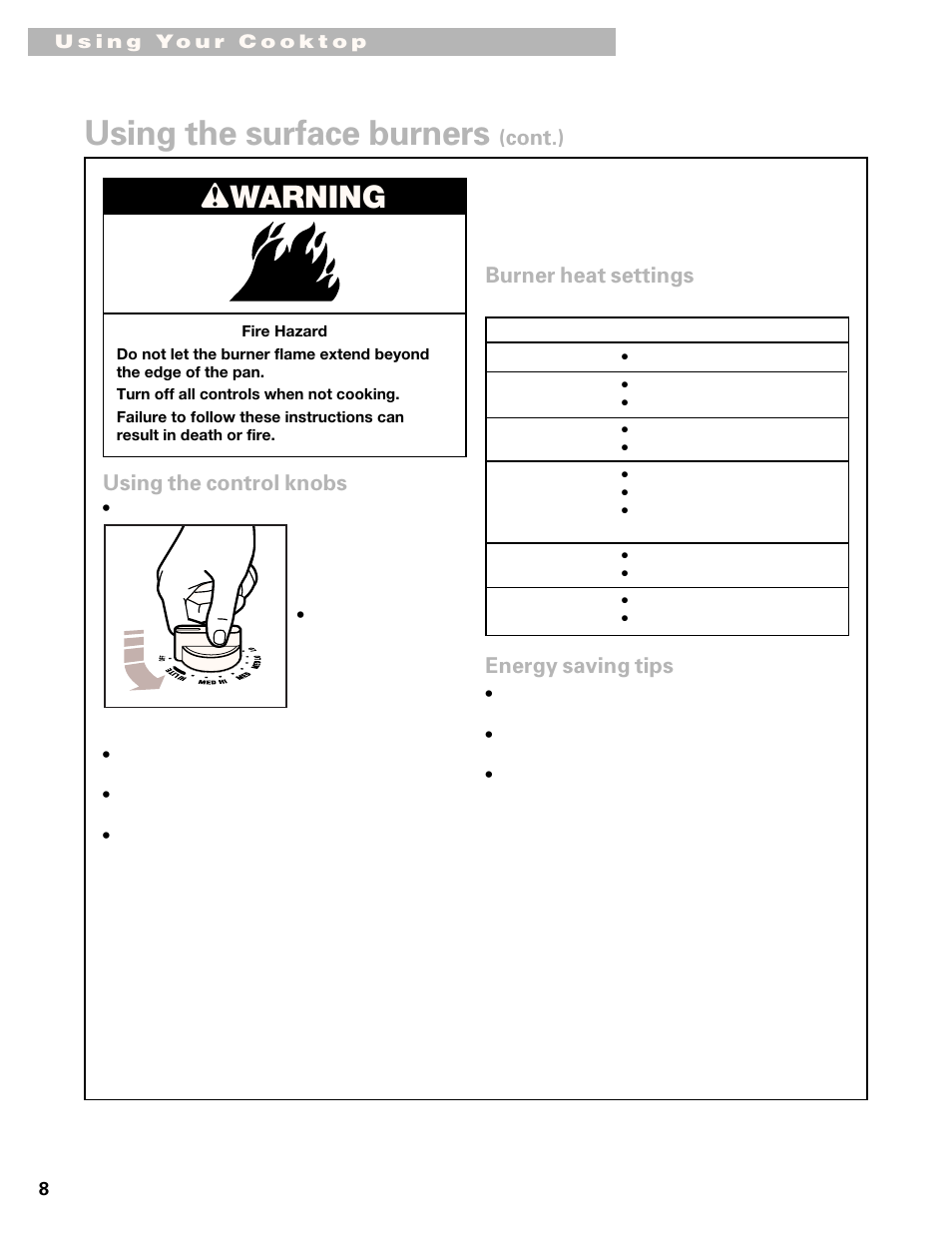 Using the surface burners, Wwarning, Cont.) using the control knobs | Burner heat settings, Energy saving tips | Whirlpool GL8856EB User Manual | Page 8 / 15