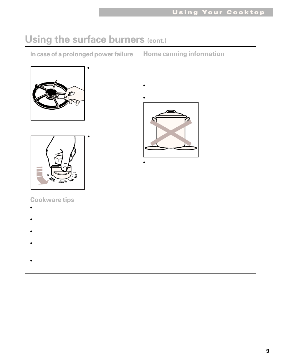 Using the surface burners, Home canning information, Cont.) | Cookware tips | Whirlpool GL8856EB User Manual | Page 9 / 15