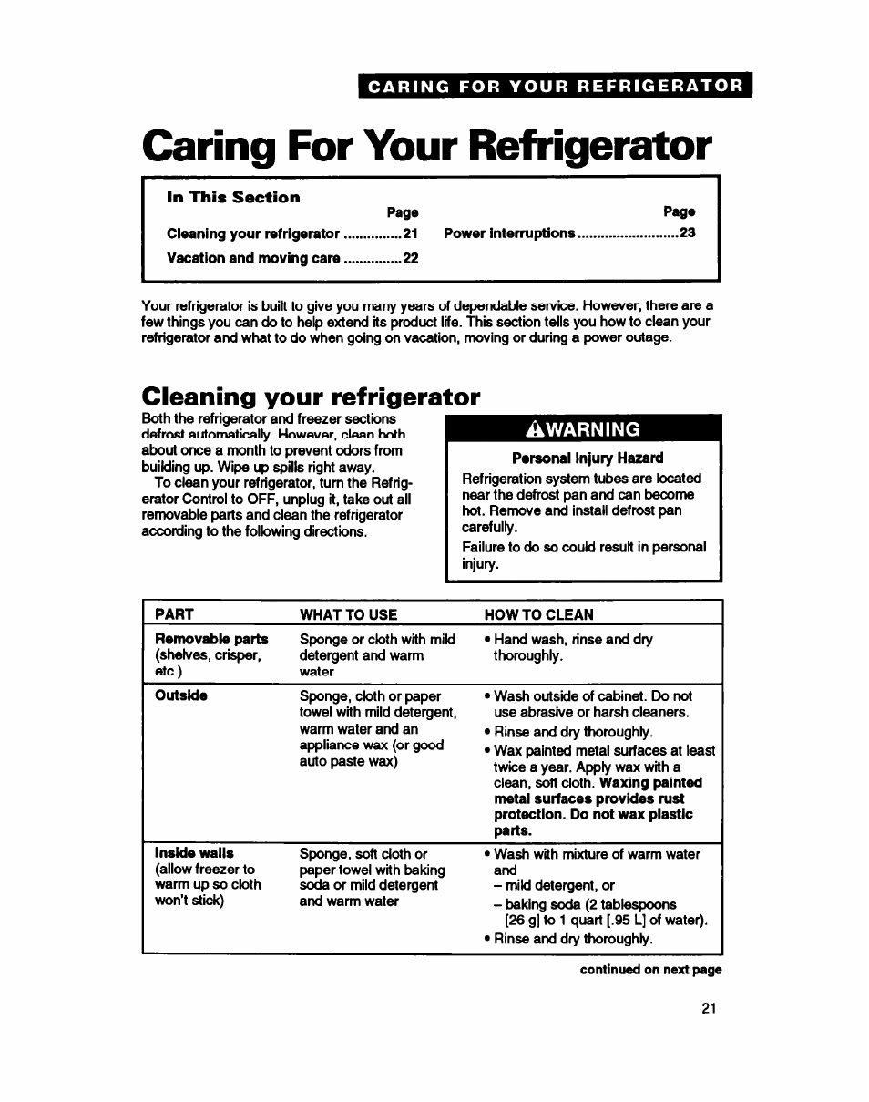 Caring for your refrigerator, Cleaning your refrigerator | Whirlpool ET25DQ User Manual | Page 21 / 28