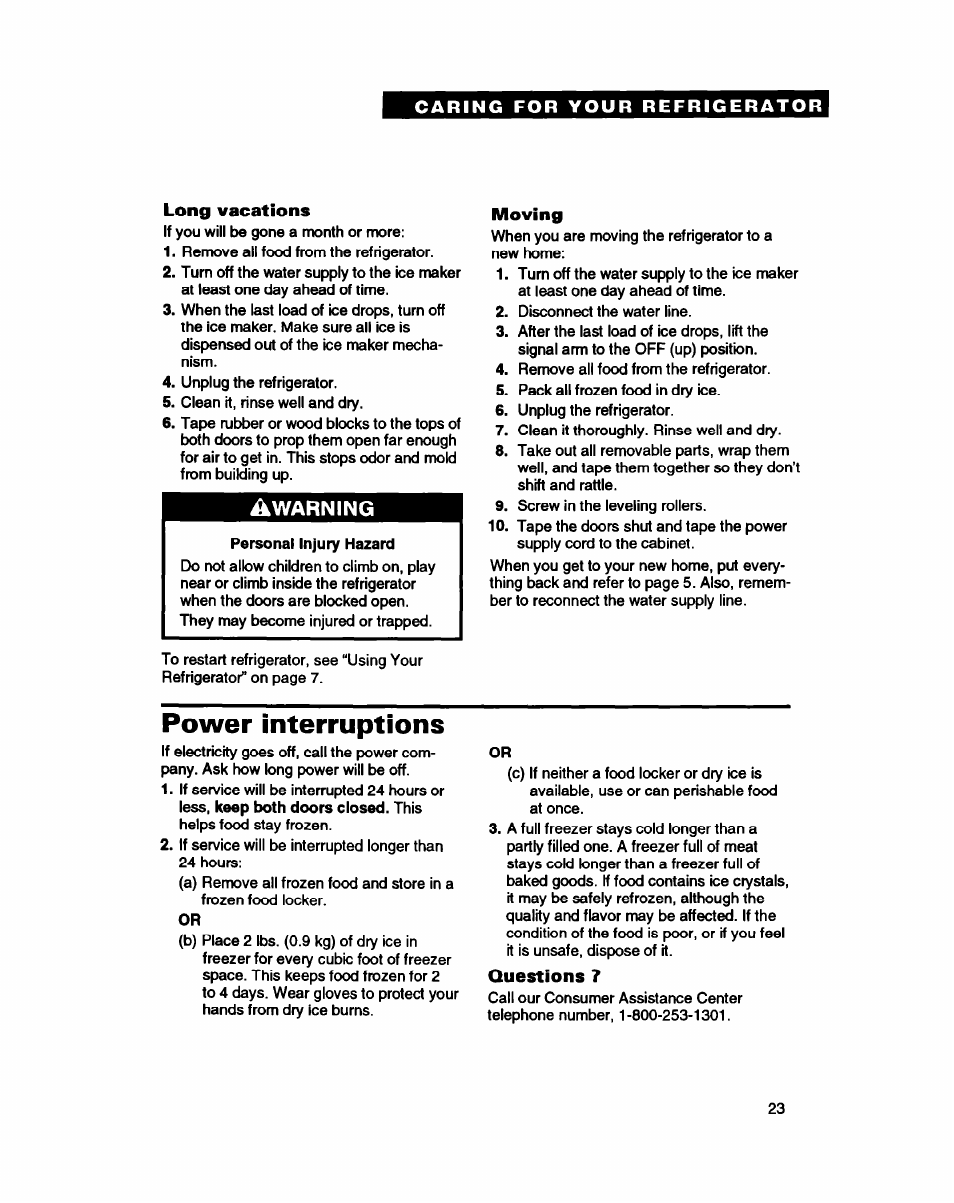 Long vacations, Moving, Power interruptions | Questions 7 | Whirlpool ET25DQ User Manual | Page 23 / 28