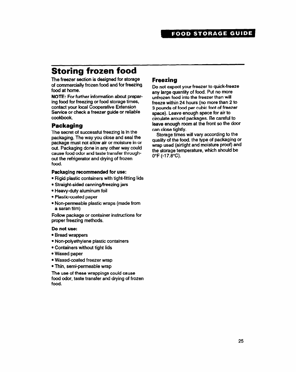 Food storage guide, Storing frozen food, Packaging | Freezing | Whirlpool ET25DQ User Manual | Page 25 / 28