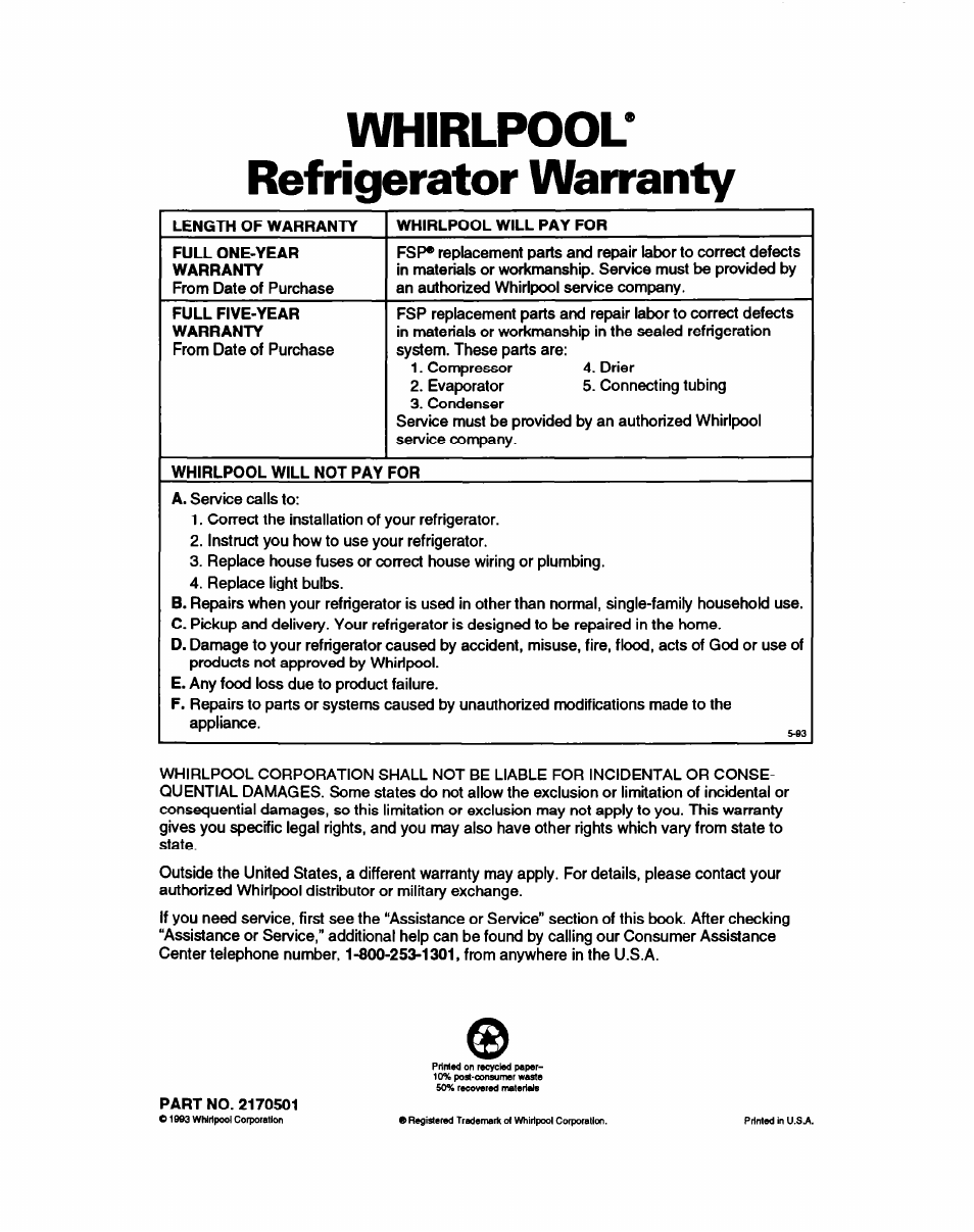 Whirlpool’ refrigerator wairanty | Whirlpool ET25DQ User Manual | Page 28 / 28