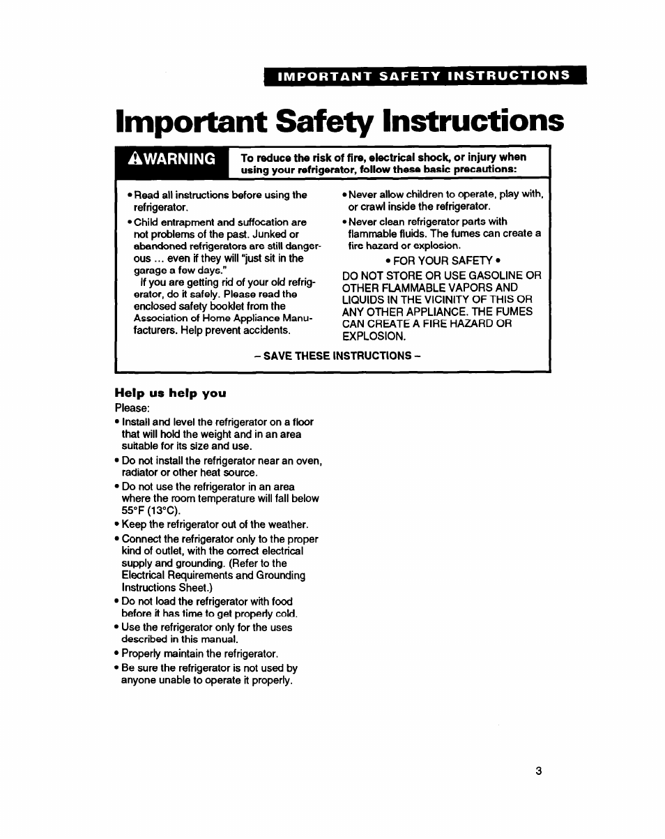 Important safety instructions | Whirlpool ET25DQ User Manual | Page 3 / 28