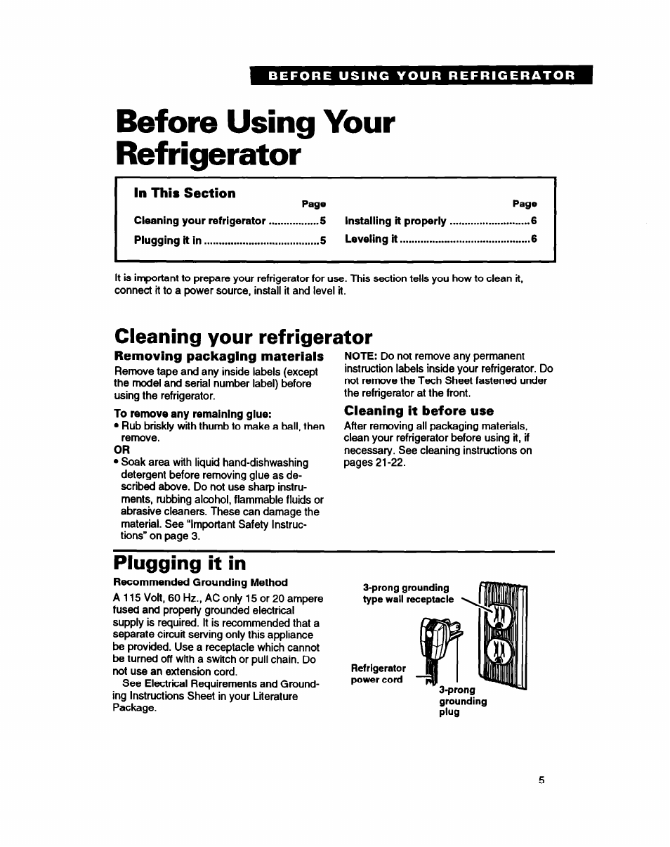 Before using your refrigerator, Cleaning it before use, Plugging it in | Cleaning your refrigerator | Whirlpool ET25DQ User Manual | Page 5 / 28