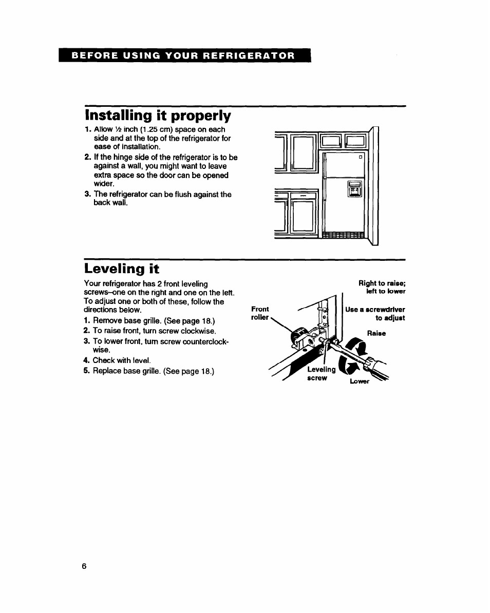 Installing it properly, Leveling it | Whirlpool ET25DQ User Manual | Page 6 / 28