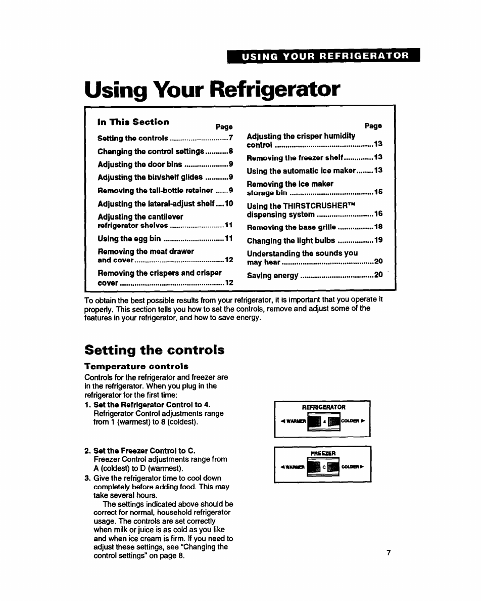 Using your refrigerator, In this section, Setting the controls | Temperature controls | Whirlpool ET25DQ User Manual | Page 7 / 28