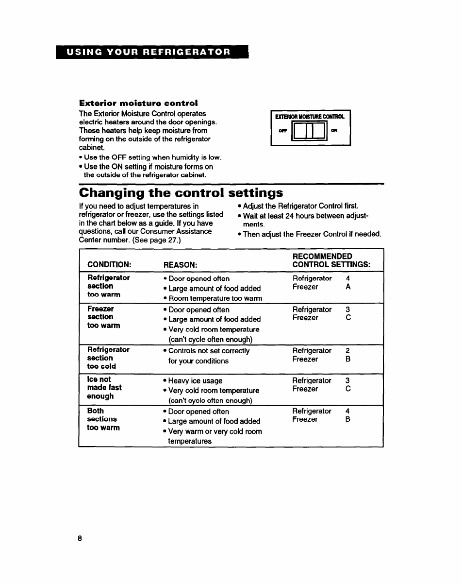 Exterior moisture control, Changing the control settings | Whirlpool ET25DQ User Manual | Page 8 / 28