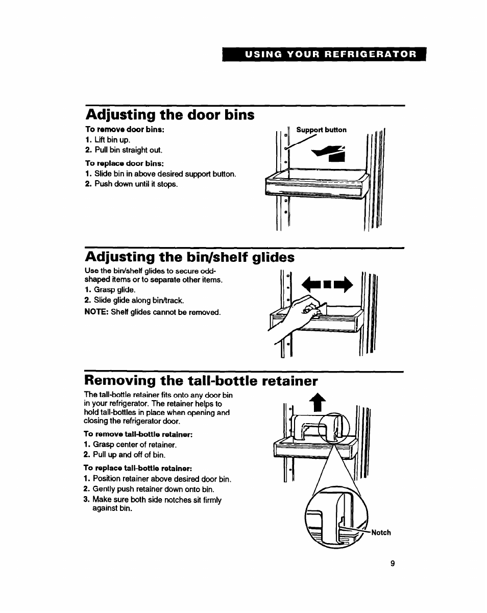 Adjusting the door bins, Adjusting the birvshelf glides, Adjusting the bin/shelf glides | 4 —► removing the tail-bottle retainer | Whirlpool ET25DQ User Manual | Page 9 / 28