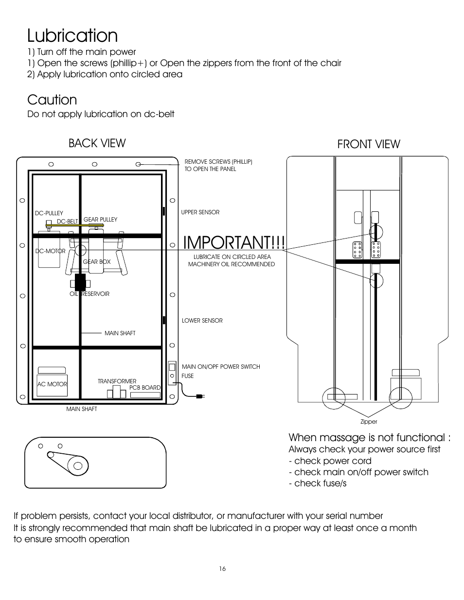 Lubrication, Important, Caution | Back view front view, When massage is not functional | Whirlpool Petra Collection User Manual | Page 16 / 19