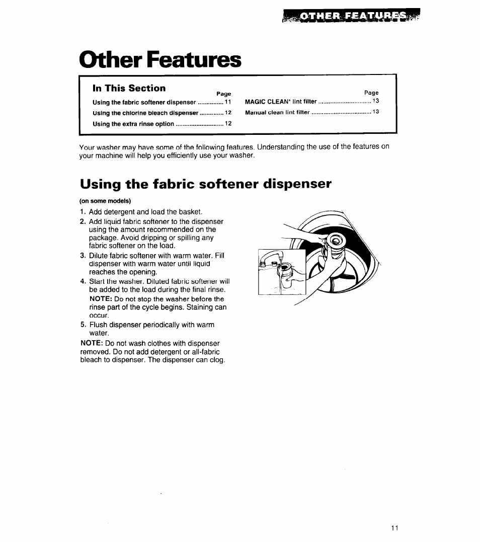Other features, Using the fabric softener dispenser | Whirlpool 3360461 User Manual | Page 11 / 28